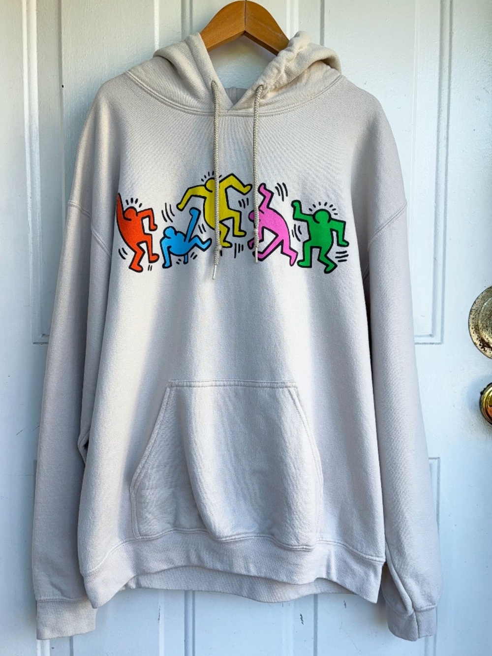 Keith Haring Ripple Junction Hoodie Mens M Beige Dancing Figures Pop Art